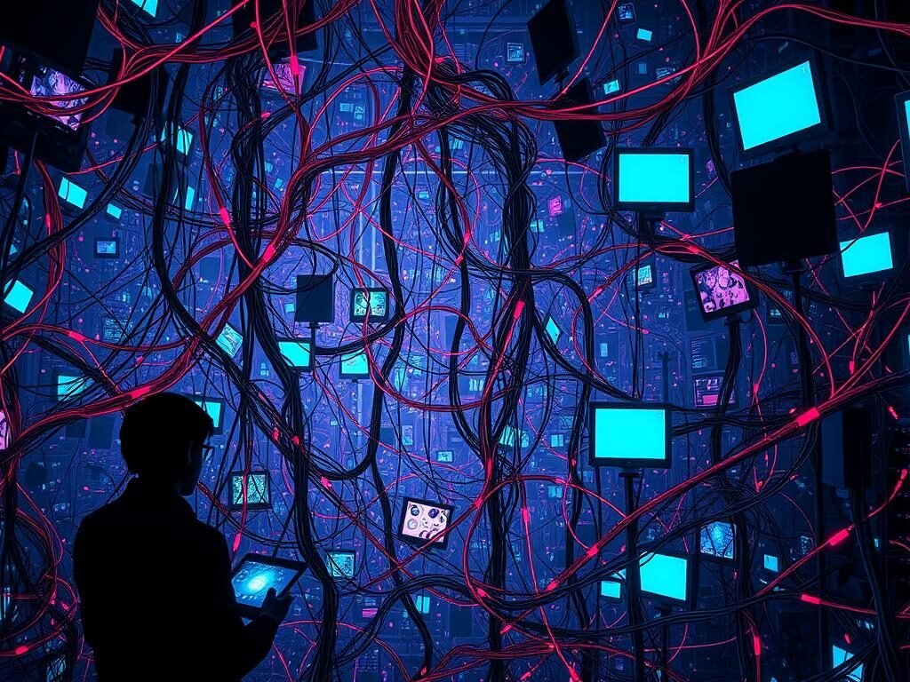 A densely interwoven network of digital connections, pulsing with an overwhelming visual cacophony. Vibrant, neon-tinged cables and circuits converge in a disorienting, labyrinthine composition. Dizzying arrays of screens, devices, and icons cascade across the frame, creating a sense of sensory overload. Subtle hints of human silhouettes are obscured by the technological maelstrom, symbolizing the individual's struggle to navigate the hyper-connected landscape. Dramatic, dramatic chiaroscuro lighting casts deep shadows, evoking a sense of both wonder and unease. The overall atmosphere is one of chaotic, relentless hyperactivity - a visual metaphor for the pervasive nature of modern digital interconnectivity.