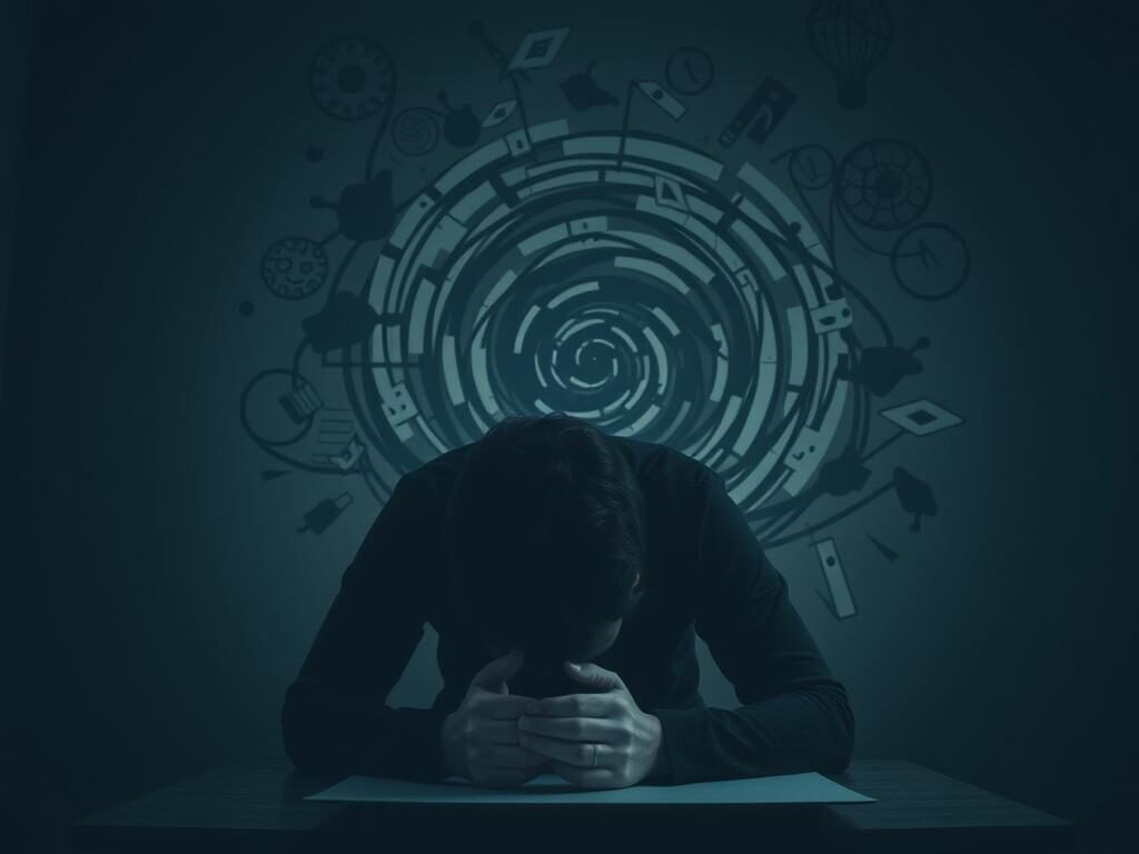 A dimly lit room, a person hunched over a desk, their face obscured by their hands. In the background, a swirling vortex of intrusive thoughts, represented by abstract shapes and patterns, invading the space and overwhelming the individual. Soft, muted lighting casts shadows, conveying the heavy, oppressive nature of these unwanted mental experiences. The scene captures the profound impact of intrusive thoughts on daily life, highlighting the distress, isolation, and cognitive burden they can impose.