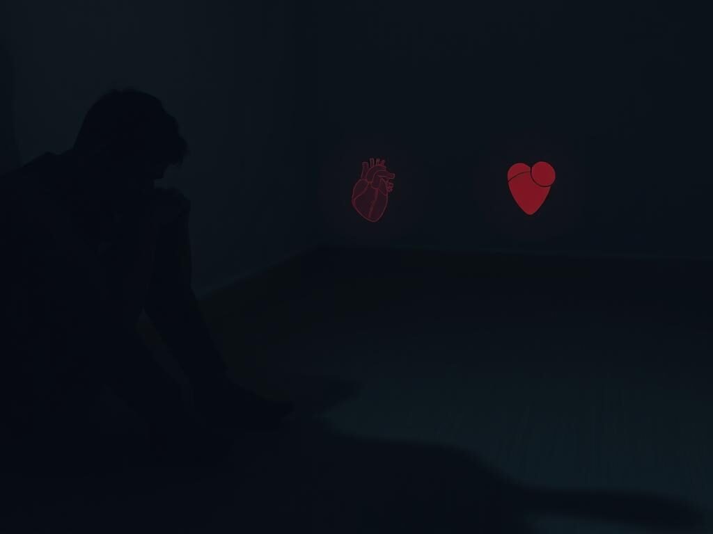 A dimly lit room, the air heavy with tension. In the foreground, a person sits hunched, hands trembling, face etched with worry. Shadows cast long across the floor, a visual metaphor for the weight of their anxious thoughts. In the middle ground, physical manifestations of anxiety – a racing heart, shallow breaths, clenched muscles. The background evokes a sense of isolation, with muted tones and a sense of enclosure, mirroring the internal turmoil. Soft, diffused lighting casts a somber, introspective mood, inviting the viewer to empathize with the subject's struggle. This image aims to capture the visceral experience of anxiety, a crucial step in the process of understanding and addressing this common mental health challenge.