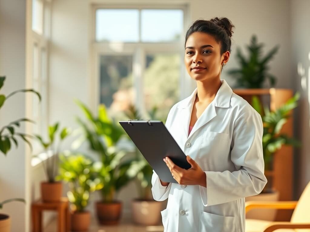 A nutricionista standing in a serene, sunlit office, wearing a crisp white lab coat and holding a clipboard. The room is decorated with potted plants and natural wooden furniture, creating a warm, calming atmosphere. The nutricionista has a thoughtful, professional expression, conveying expertise and compassion. Soft, directional lighting illuminates the scene, casting subtle shadows and highlighting the nutricionista's attentive stance. The overall composition suggests a space dedicated to personalized, holistic nutritional care and mental health support.
