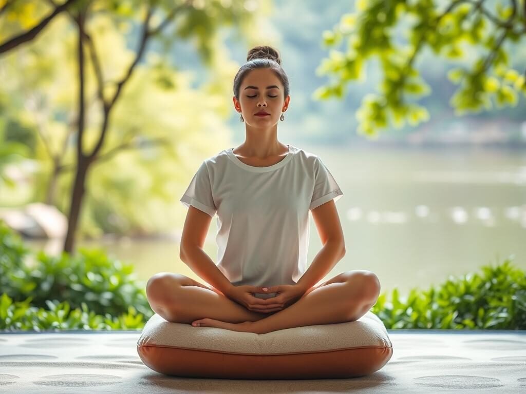 A serene and tranquil scene of a person practicing mindfulness. In the foreground, a person sits cross-legged on a plush meditation cushion, eyes closed and hands resting gently in their lap. The background features a peaceful, natural environment with lush greenery, a calm body of water, and soft, diffused lighting that creates a soothing atmosphere. The overall mood is one of inner peace, relaxation, and a sense of being present in the moment.