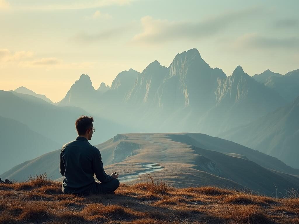 A serene, contemplative landscape depicting the intricate connection between mental disorders and intrusive thoughts. In the foreground, a solitary figure sits in deep meditation, their expression reflecting the inner turmoil of a troubled mind. The middle ground features a winding path, representing the complex journey of mental health, with wisps of thought-forms swirling around. In the background, a towering, weathered mountain range symbolizes the formidable challenges faced in addressing these issues. Soft, warm lighting casts a glow of understanding, while a subtle, muted color palette conveys the seriousness of the subject matter. Detailed, photorealistic rendering captures the nuances of this delicate, emotional topic.