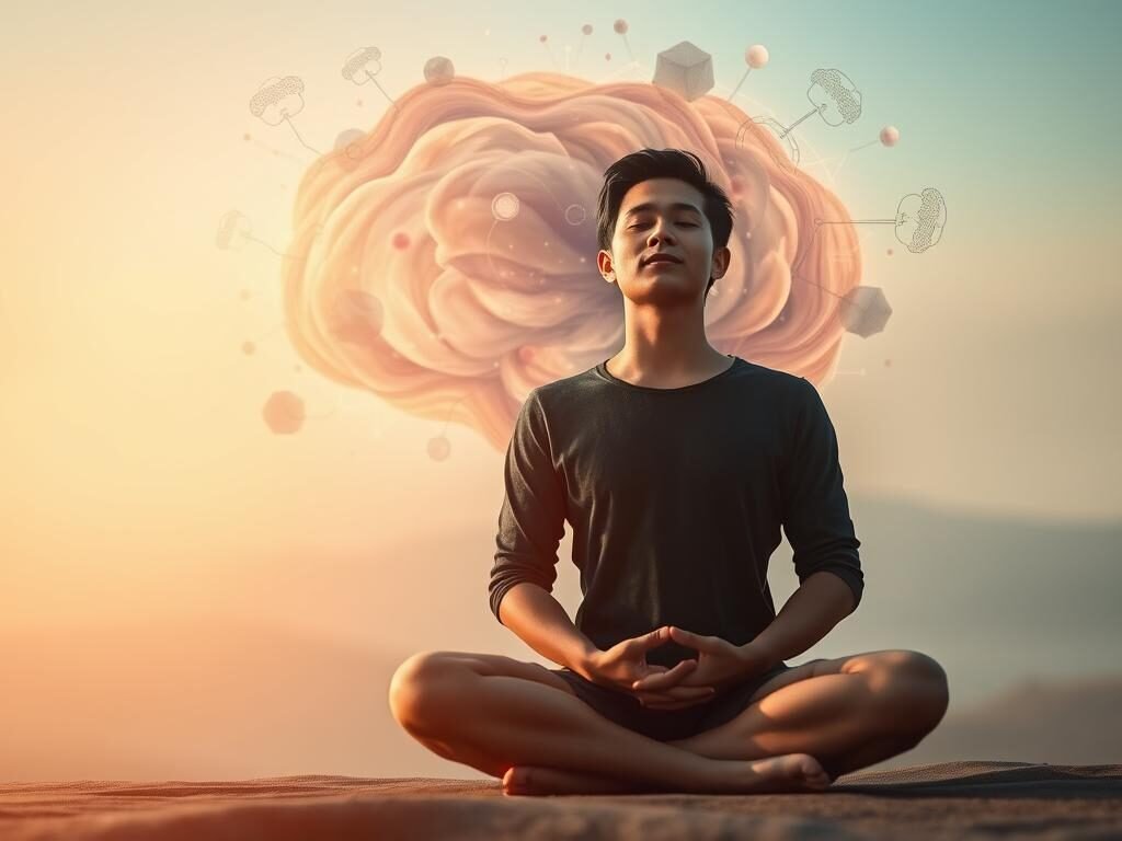 A serene, contemplative scene depicting the management of intrusive thoughts. In the foreground, a person sits cross-legged, eyes closed, with a peaceful expression, embodying mindfulness and inner calm. The middle ground features a swirling, ethereal visualization of the mind, with abstract thought forms and cognitive patterns flowing and receding. The background is a soft, hazy landscape, suggesting the boundless expanse of the subconscious. Warm, diffused lighting casts a soothing glow, and a shallow depth of field draws the viewer's focus inward. The overall mood is one of introspection, understanding, and the triumph of self-regulation over mental disturbances.
