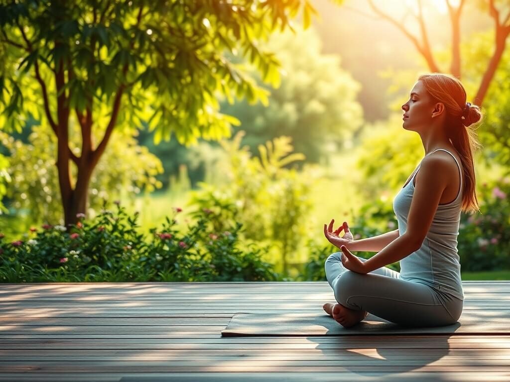 A serene garden scene with a person sitting cross-legged on a mat, practicing gentle yoga or meditation. The foreground features the relaxed figure, their eyes closed, hands resting on their knees in a state of mindful calm. The middle ground showcases a lush, verdant landscape with swaying trees and flowering plants, creating a soothing atmosphere. The background depicts a soft, diffused natural light, casting a warm, golden glow over the entire scene, evoking a sense of tranquility and inner peace. The overall composition aims to visually convey the techniques and benefits of relaxation, reflecting the theme of reducing stress and improving quality of life.