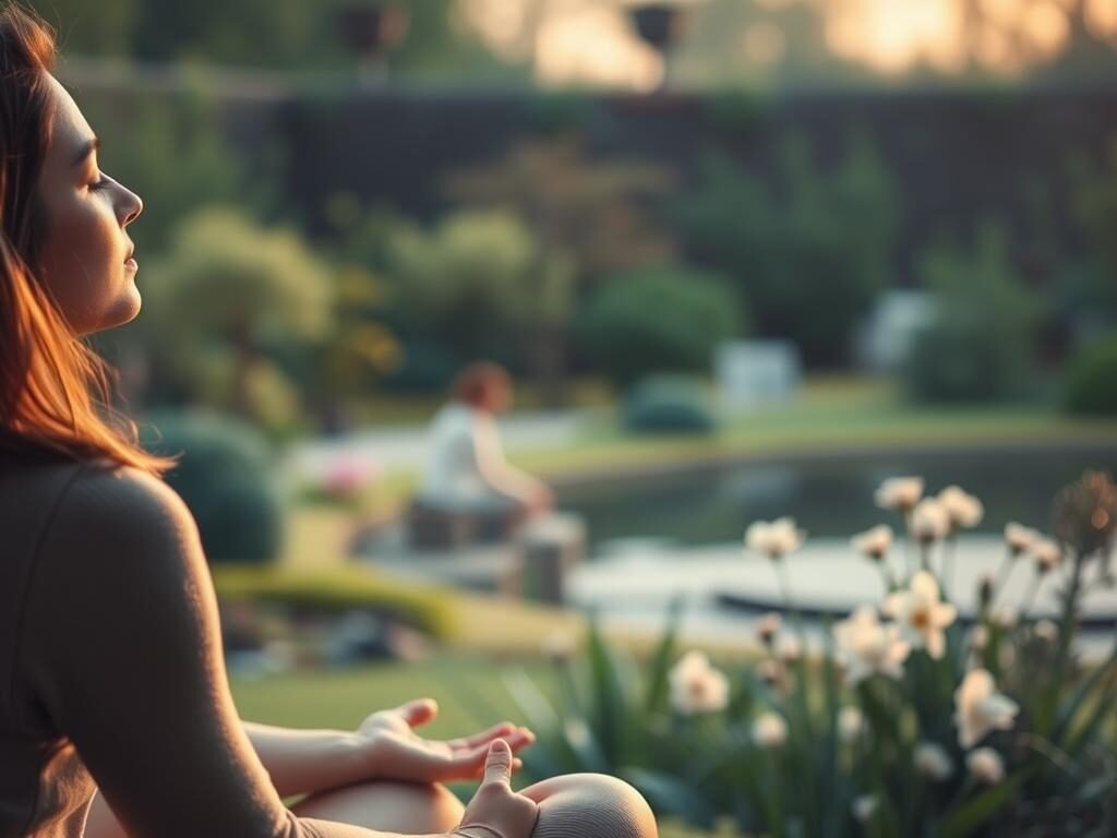 A serene, introspective scene depicting strategies for coping with intrusive thoughts. In the foreground, a person sits in a meditative pose, eyes closed, radiating an aura of calm and focus. The middle ground showcases a peaceful garden setting, with lush greenery, a tranquil pond, and delicate flowers blooming. The background is softly blurred, creating a sense of depth and isolation. Warm, diffused lighting gently illuminates the scene, conveying a therapeutic atmosphere. The overall composition evokes a sense of mindfulness, self-reflection, and the journey towards mental clarity.