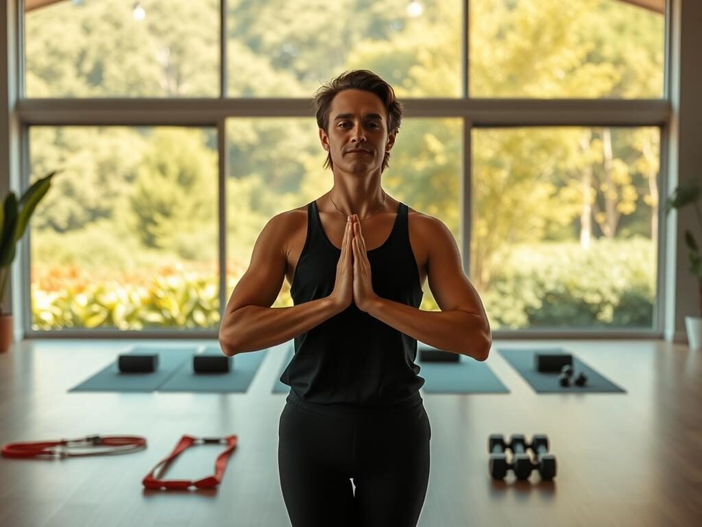 A serene, light-filled studio space with an abundance of natural greenery. In the foreground, a person stands in a peaceful yoga pose, their expression calm and focused. The middle ground features an array of exercise equipment, including resistance bands, yoga mats, and free weights, all arranged in a harmonious, minimalist layout. In the background, a large window overlooks a lush, verdant landscape, bathing the scene in warm, golden sunlight. The overall atmosphere conveys a sense of tranquility, mindfulness, and the connection between physical exercise and mental well-being.
