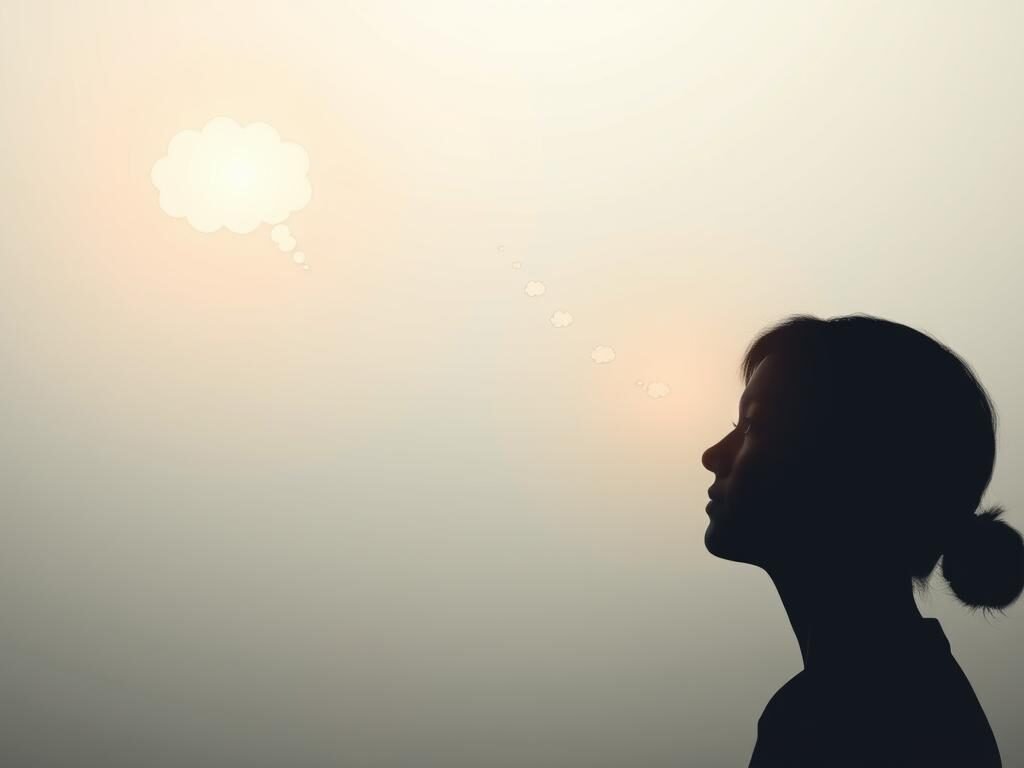 A serene, minimalist scene depicting the concept of intrusive thought management. In the foreground, a person's head in profile with a pensive expression, surrounded by a soft glow. In the middle ground, thought bubbles representing intrusive thoughts drift and dissipate, illuminated by a warm, diffused light. The background is a tranquil, monochromatic expanse, suggesting a calm, contemplative state of mind. The composition emphasizes the inner journey of addressing and releasing intrusive thoughts, conveying a sense of focus, clarity, and emotional balance.