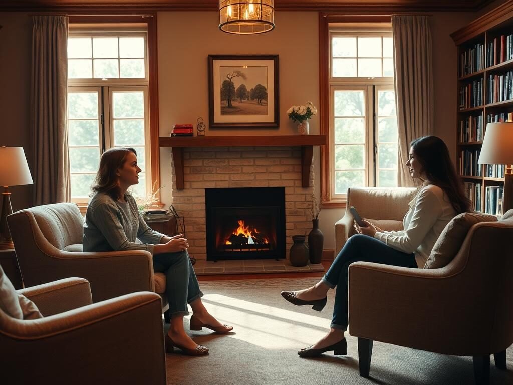 A serene, warm-lit therapy room with plush armchairs, a cozy fireplace, and bookshelves lining the walls. A patient and therapist engaged in thoughtful discussion, their body language conveying a sense of trust and understanding. Soft natural lighting filters in through large windows, creating a calming and introspective atmosphere. The scene evokes a tranquil, reflective space where cognitive-behavioral therapy can unfold, guiding the individual towards self-awareness and positive change.
