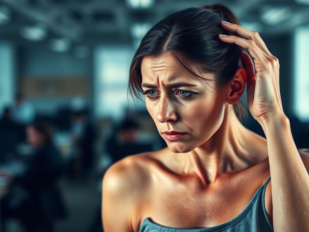 A stressed woman, her face etched with worry, stands against a blurred backdrop of a chaotic office environment. Thin and gaunt, she appears to have lost weight due to the intense mental strain. Harsh overhead lighting casts deep shadows, accentuating her sunken features. The woman's posture is hunched, her hands grasping her head, conveying the debilitating effects of intrusive thoughts on her cognitive and physical well-being. The scene evokes a sense of exhaustion, anxiety, and the detrimental impact of stress on the human body and mind.