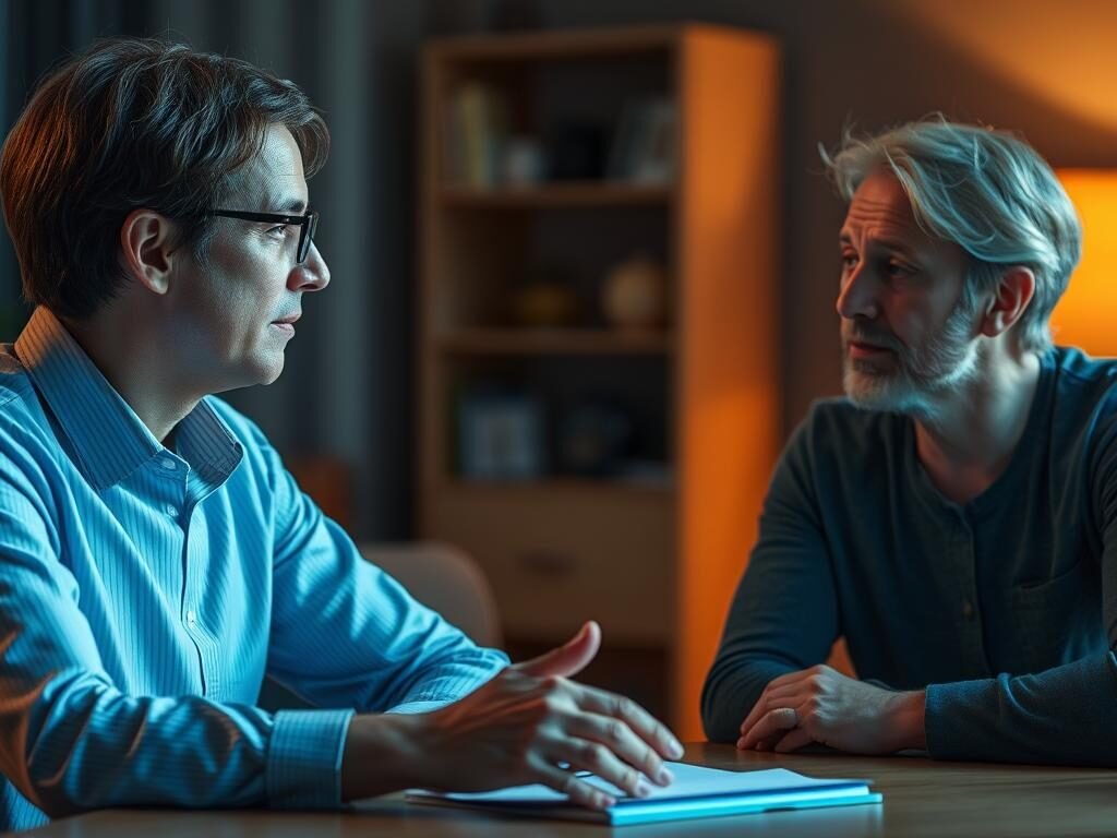 A thoughtful professional sitting at a desk, offering guidance and support to a person struggling with intrusive thoughts. The scene is bathed in warm, empathetic lighting, creating a calming and reassuring atmosphere. The professional's expression is one of understanding and a willingness to listen, with a subtle nod or gesture conveying their desire to help the individual find a path forward. The background is subtly blurred, placing the focus on the interaction between the two figures. The overall composition suggests a safe, nurturing space where open and honest dialogue can take place.