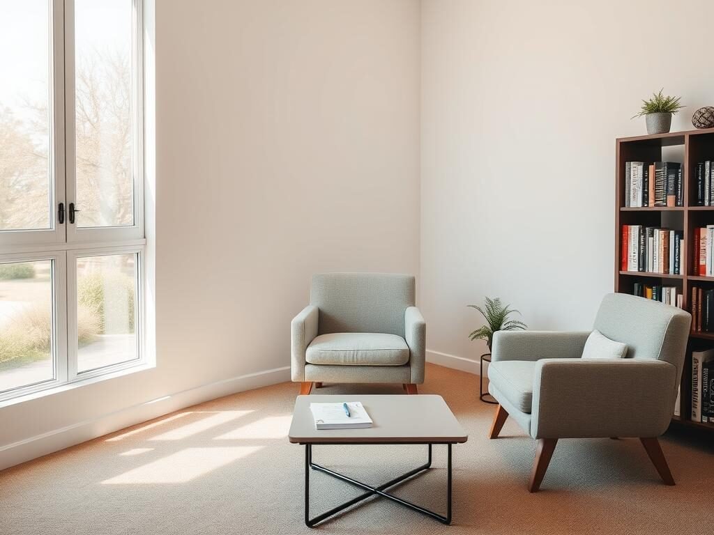 A tranquil, well-lit therapy room with soft, natural lighting filtering through large windows. The walls are painted in a soothing, neutral color palette, creating a calming atmosphere. In the center of the room, a comfortable armchair faces a small, modern coffee table, upon which rests a notepad and pen. On the opposite side, a bookshelf filled with psychology and self-help titles stands as a backdrop. The room exudes an air of contemplation and introspection, inviting the viewer to engage in the process of cognitive-behavioral therapy.