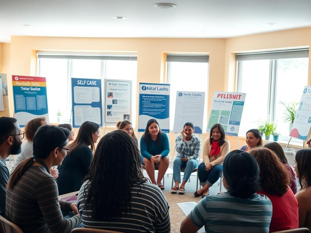 A vibrant and welcoming mental health education scene. In the foreground, a diverse group of people sit in a circle, engaged in an open discussion, their faces filled with attentiveness and empathy. The middle ground features informative posters and educational materials, conveying messages of self-care, coping strategies, and resource availability. The background showcases a warm, inviting space with natural lighting streaming through large windows, creating a calming and inclusive atmosphere. The overall mood is one of community, understanding, and a shared commitment to fostering mental health awareness and support.