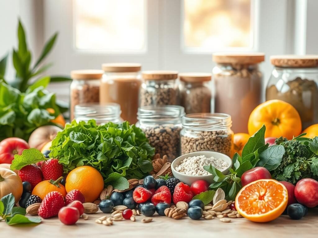 A vibrant still life composition depicting a range of healthy, whole food ingredients that are known to support mental well-being. In the foreground, an assortment of fresh produce such as leafy greens, berries, and citrus fruits are arranged artfully. In the middle ground, jars of nuts, seeds, and superfood powders add pops of color and texture. The background features soothing, natural lighting from a window, casting a warm glow over the scene. The overall mood is one of balance, nourishment, and mindfulness, inviting the viewer to contemplate the connection between nutrition and mental health.