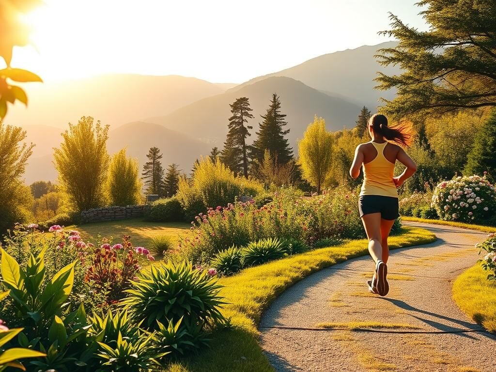 A vibrant, sun-dappled scene of a healthy lifestyle. In the foreground, a person jogging on a winding path, clad in athletic wear, their stride filled with energy. In the middle ground, a lush garden overflowing with verdant plants and blooming flowers, creating a peaceful, restorative atmosphere. The background features a picturesque mountainous landscape, bathed in warm, golden light, conveying a sense of tranquility and harmony. The overall composition evokes a balanced, holistic approach to well-being, with the human figure seamlessly integrated into the natural environment.