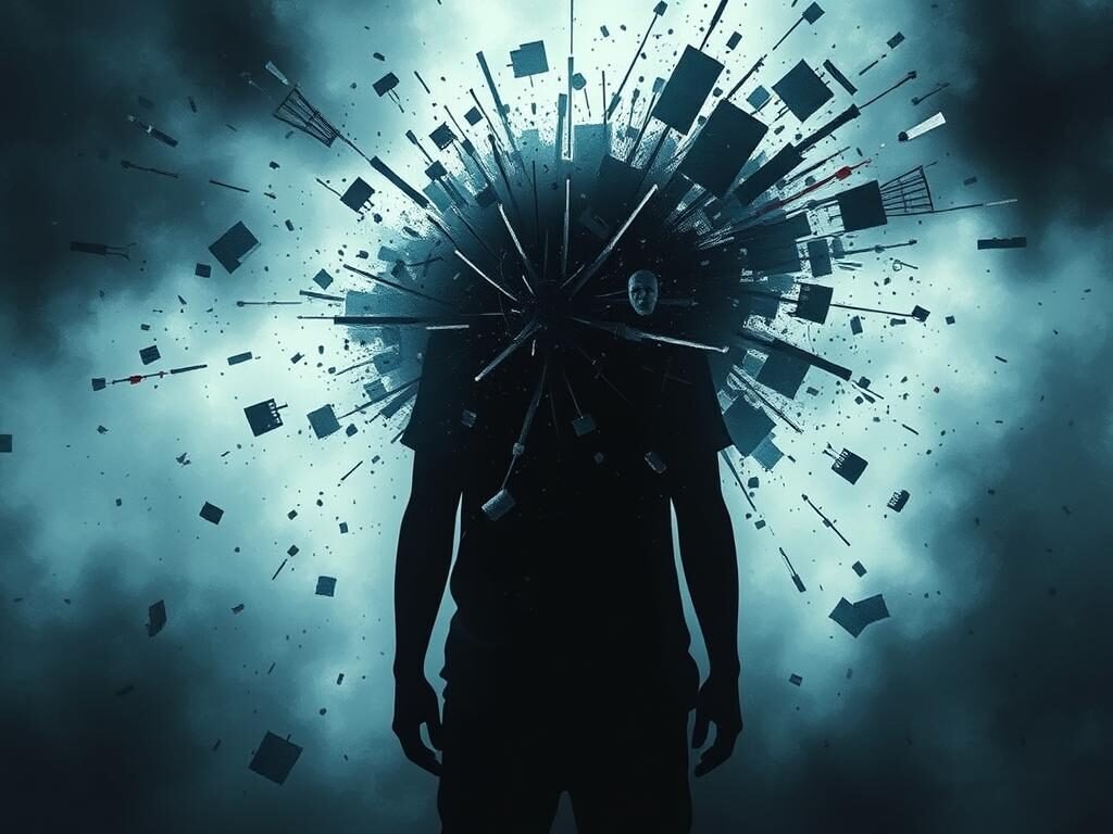 An impressionistic, cinematic portrait of the intricate relationship between intrusive thoughts and mental well-being. A troubled figure stands in contemplation, surrounded by a swirling vortex of fractured, disjointed thoughts and emotions. Shades of blue, grey, and black evoke a sense of melancholy and inner turmoil, while scattered flashes of color suggest moments of clarity and resilience. The composition is balanced, with the subject occupying the central space, yet engulfed by the intensity of their own mental landscape. Soft, chiaroscuro lighting casts dramatic shadows, heightening the psychological tension. An ethereal, dreamlike quality pervades the scene, reflecting the ephemeral and intrusive nature of the thoughts that consume the mind.
