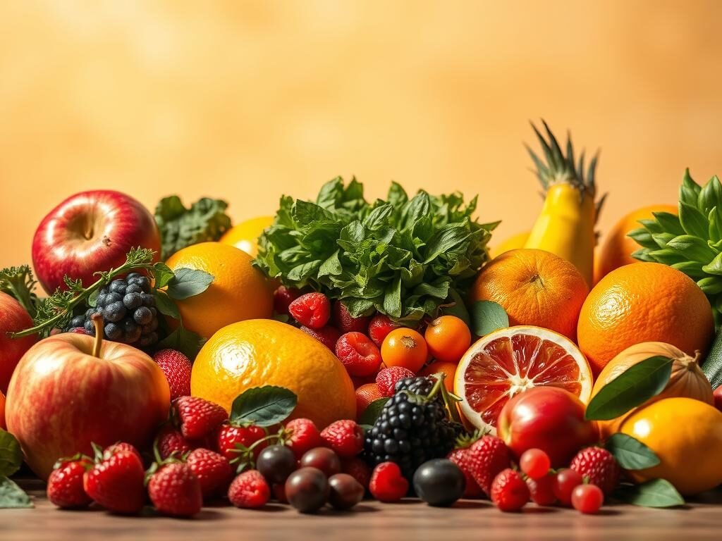 Healthy brain foods: a vibrant still life composition showcasing an array of fresh, colorful fruits and vegetables against a warm, softly-lit backdrop. Crisp apples, leafy greens, juicy berries, and vibrant citrus fruits are arranged in a harmonious display, conveying the nourishing abundance of nature's brain-boosting gifts. The lighting casts a gentle, golden glow, creating a serene, contemplative mood. Subtle shadows and a slightly out-of-focus foreground draw the viewer's eye to the vibrant central elements, emphasizing their visual appeal and nutritional value. This image evokes a sense of mindful, holistic wellness, capturing the essence of the "Role of Nutrition in Mental Health" section.