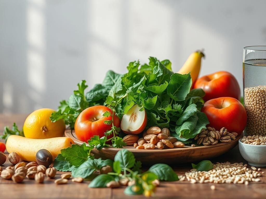 Healthy eating for reducing intrusive thoughts: A vibrant and serene still life composition featuring a wooden table with an array of wholesome, colorful ingredients - fresh fruits, leafy greens, nuts, whole grains, and a glass of water. Soft, natural lighting illuminates the scene, creating a calming atmosphere. The arrangement is carefully balanced, conveying a sense of mindfulness and nourishment. The image exudes a soothing, restorative ambiance, inviting the viewer to contemplate the connection between nutritious foods and a peaceful, focused mindset.