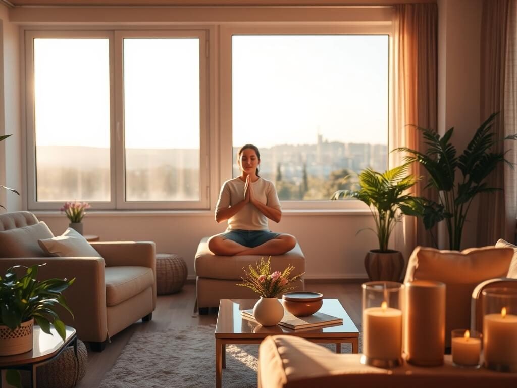 Warm, calming therapy room with soft natural lighting. In the foreground, a comfortable armchair and coffee table with plants and soothing decor. In the middle, a person seated, engaging in deep breathing or mindfulness exercises. The background depicts serene landscape or cityscape views through large windows, conveying a sense of tranquility. The overall mood is one of relaxation, introspection, and relief from anxiety.