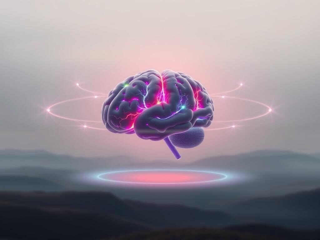 A serene and contemplative scene depicting the interplay between neuroscience and emotional control. In the foreground, a human brain model floats ethereally, its neural pathways pulsing with vibrant colors. Surrounding it, soothing waves of energy radiate outward, representing the power of the mind to regulate emotions. The background features a tranquil, abstract landscape with muted tones, creating a sense of calm and introspection. Soft, diffused lighting casts a gentle glow, enhancing the meditative atmosphere. The composition invites the viewer to ponder the intricate relationship between the brain, cognition, and the management of our innermost thoughts and feelings.