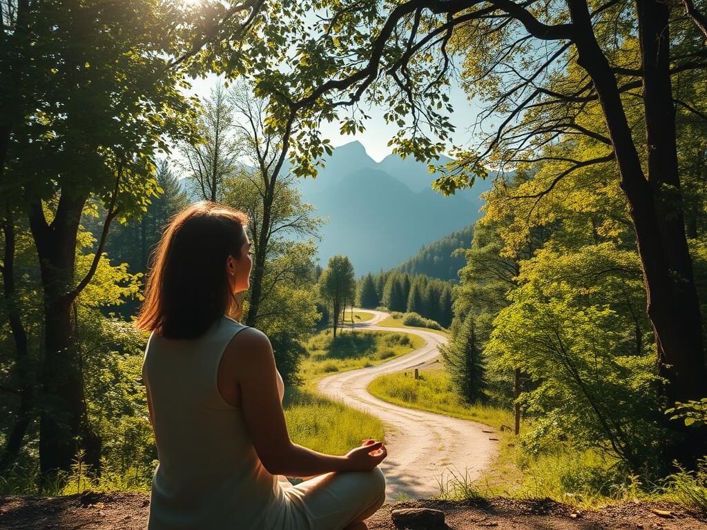 A serene, introspective journey through the landscape of the self. In the foreground, a peaceful figure meditating, eyes closed, immersed in inner reflection. Surrounding them, a lush, verdant forest with dappled sunlight filtering through the canopy, evoking a sense of tranquility and contemplation. The middle ground features a winding path, inviting the viewer to embark on their own path of self-discovery. In the distance, majestic mountains rise, symbolizing the depths and heights of the personal transformation that awaits. The lighting is soft and warm, creating an atmosphere of clarity and enlightenment. A cinematic, wide-angle lens captures the expansive, spiritual nature of this introspective journey.