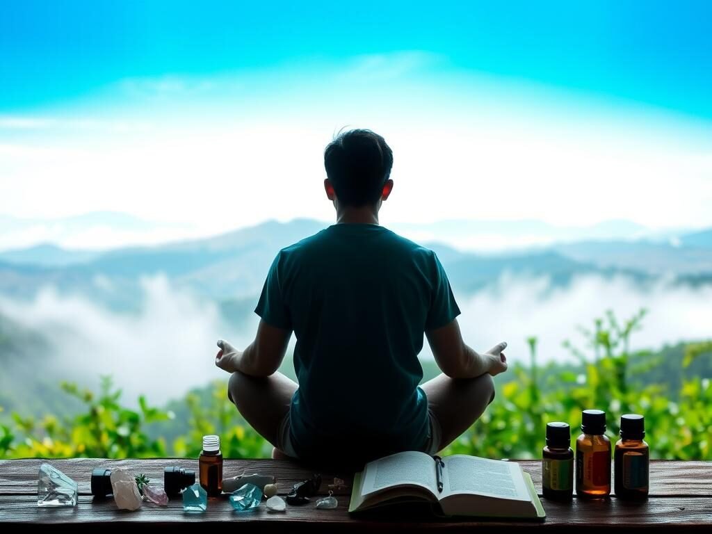 A serene landscape with a figure sitting cross-legged, deep in contemplation. The figure is surrounded by lush greenery and a calming blue sky, symbolizing the connection between mental well-being and the natural world. Soft, diffused lighting illuminates the scene, creating a sense of tranquility and introspection. In the foreground, a collection of therapeutic items, such as crystals, essential oils, and a journal, convey the holistic approach to mental health. The overall composition evokes a sense of balance, harmony, and the importance of self-care in understanding and nurturing one's mental state.