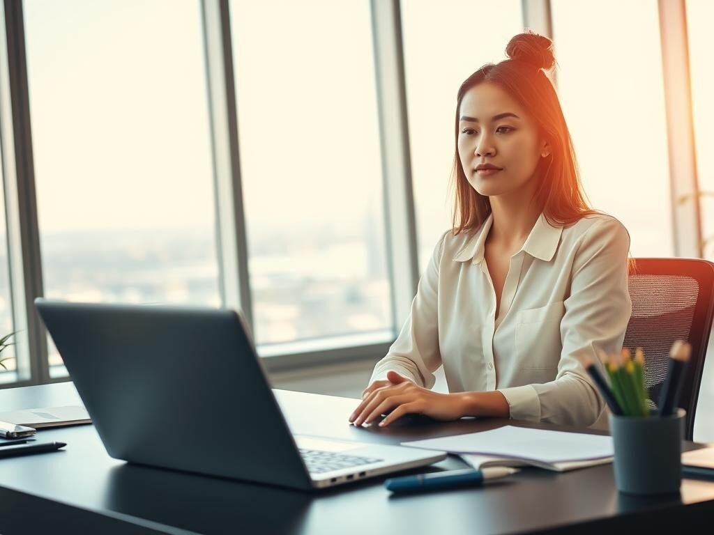 A well-lit, spacious office setting, with a calm and focused atmosphere. In the foreground, a professional office desk features a laptop, stationery, and a potted plant, creating a sense of organized productivity. In the middle ground, a person sits at the desk, their expression serene and attentive, hands resting lightly on the keyboard, conveying a state of emotional self-regulation. The background features large windows overlooking a serene cityscape, with soft, natural lighting filtering through, reinforcing the tranquil ambiance. The overall scene demonstrates the harmony between emotional awareness and efficient work performance in a corporate environment.
