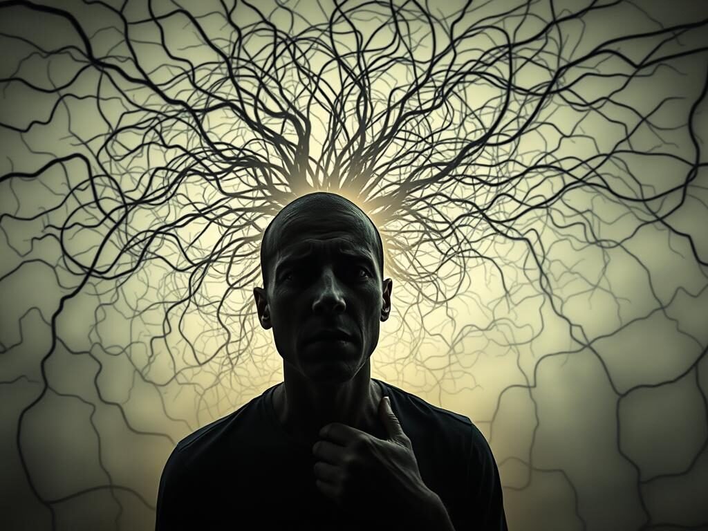 Anxious mind, a swirling vortex of repetitive thoughts. In the foreground, a faceless figure trapped in a whirlwind of intrusive cognitions, their expression a mask of distress. The middle ground depicts a labyrinth of tangled neural pathways, symbolizing the complex cognitive processes underlying anxiety and rumination. The background fades into a hazy, dreamlike realm, conveying the dissociative experience of being lost in one's own mind. Soft, muted tones create an atmosphere of melancholy, while dramatic chiaroscuro lighting adds depth and emotional intensity to the scene. Captured through a wide-angle lens, the image invites the viewer to step into the subject's internal world and confront the visceral experience of the anxiety-rumination cycle.