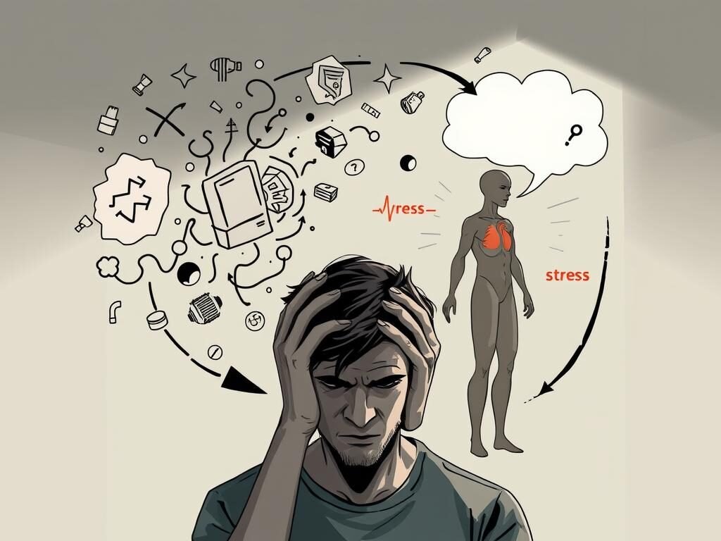 Ciclo da ansiedade e resposta do corpo: A detailed illustration depicting the cycle of anxiety and the body's physiological response. In the foreground, a figure clutches their head, facial expression tense with worry. Surrounding them, a swirling vortex of anxious thoughts, represented by abstract shapes and lines. In the middle ground, the body's stress response is visualized, with a pulsing heartbeat, tense muscles, and increased breathing. The background features a muted, monochromatic color palette, creating a sense of unease and tension. Soft, dramatic lighting casts shadows that accentuate the subject's internal struggle. The composition conveys the interconnected nature of the mind and body during an anxiety episode.