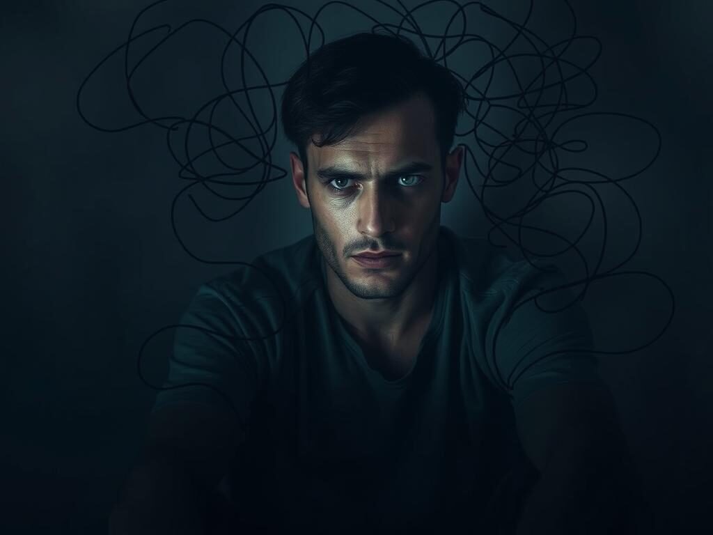 Contextualização da ruminação: A pensive individual sits in a dimly lit, introspective space, surrounded by swirling thoughts and mental entanglements. Soft, muted lighting casts a sense of contemplation, while a hazy, dreamlike atmosphere evokes the internal struggle of rumination. The subject's expression is one of deep concentration, their gaze distant and introspective, as they grapple with the complexities of their own mind. Subtle details, such as a tangle of mental threads or a labyrinth of cognitive pathways, hint at the entrapment of rumination, creating a visually compelling representation of the challenges discussed in the article's introduction.