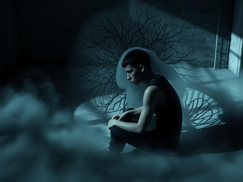 Processo de ruminação mental: A mind trapped in a spiral of endless introspection. In the foreground, a figure sits, lost in contemplation, their face obscured by a veil of mist. Shadows dance across the surface, hinting at the internal turmoil. The middle ground reveals a tangled web of thoughts, manifested as a labyrinth of neural pathways. In the background, a sense of confinement, with walls closing in, symbolizing the claustrophobic nature of the mental process. Dramatic lighting casts dramatic shadows, evoking a somber and pensive atmosphere. The overall image conveys the experience of being caught in the cyclical nature of rumination, unable to break free from the self-imposed mental prison.